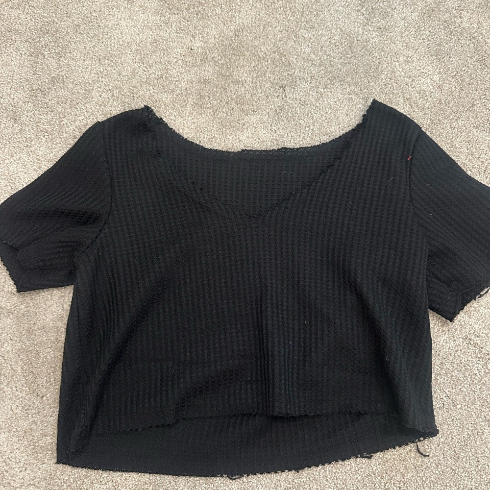 SHEIN Black Ribbed Crop Blouse Short Sleeve